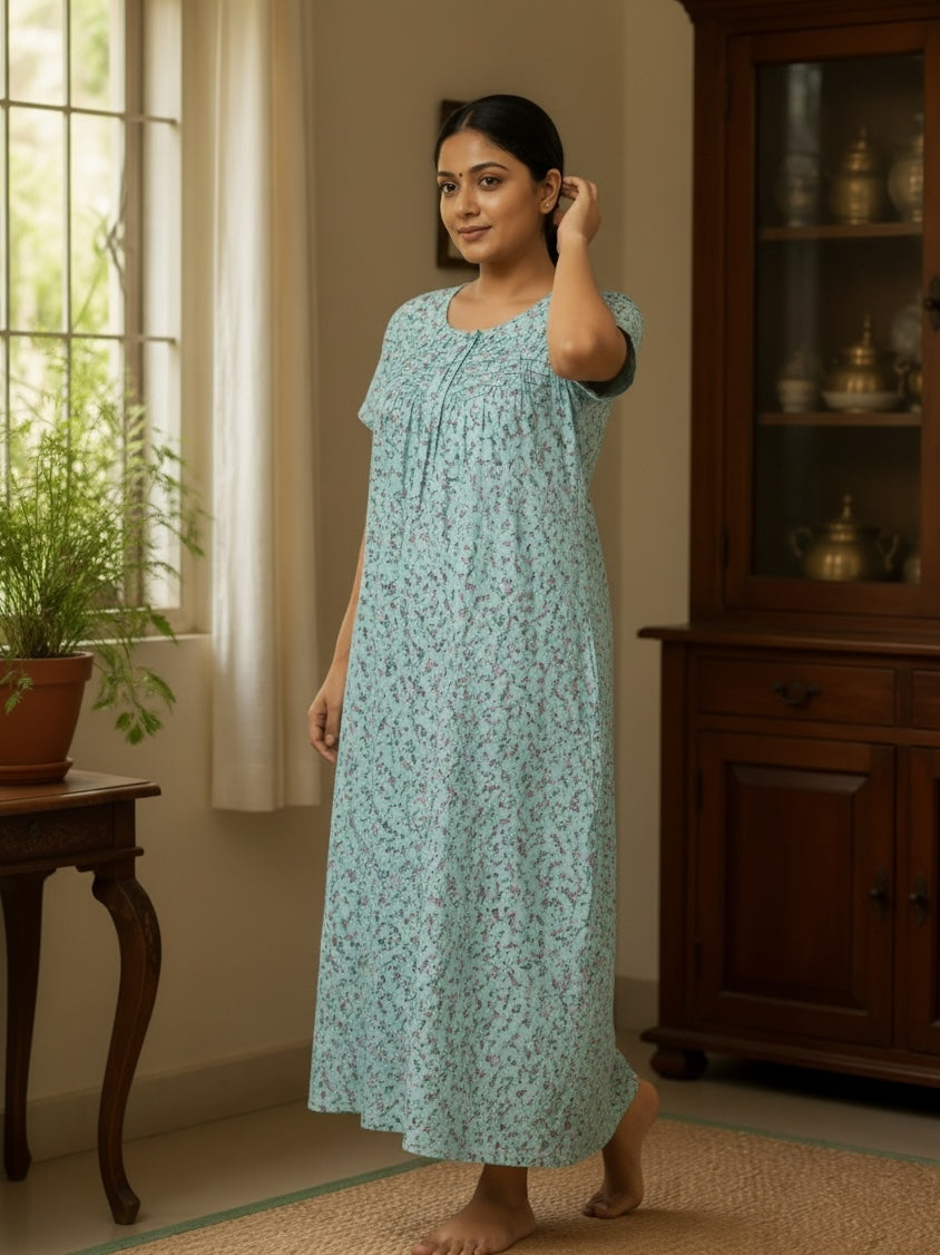 Kishona light blue cotton nightgown with dainty floral print, round neckline, and pleat details on a woman.