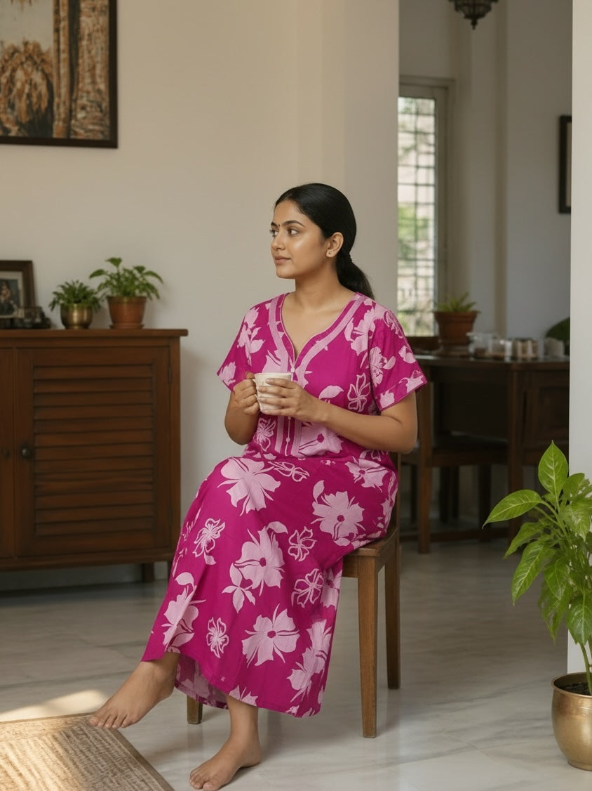 Kishona magenta floral cotton nightgown with V-neck and short sleeves worn by a woman sitting at home
