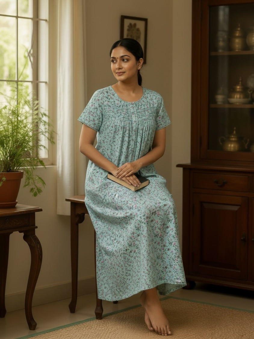 Kishona light blue floral print cotton nightgown with short sleeves and pleated round neckline worn by a woman