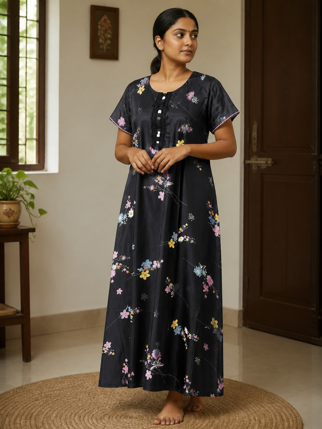 Kishona black floral print maxi nightgown with short sleeves, button-down placket, and delicate lace trim details.