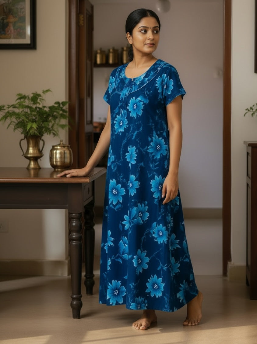 Kishona maxi-length cotton nighty in deep blue with light blue floral print, round neck, and short sleeves.