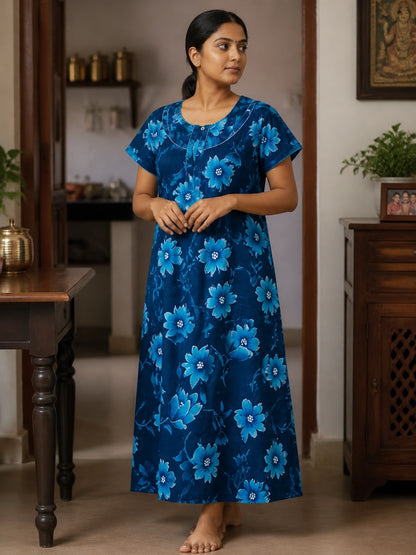 Kishona floral print cotton maxi nighty in deep blue with light blue flowers, round neck, and button-down placket.