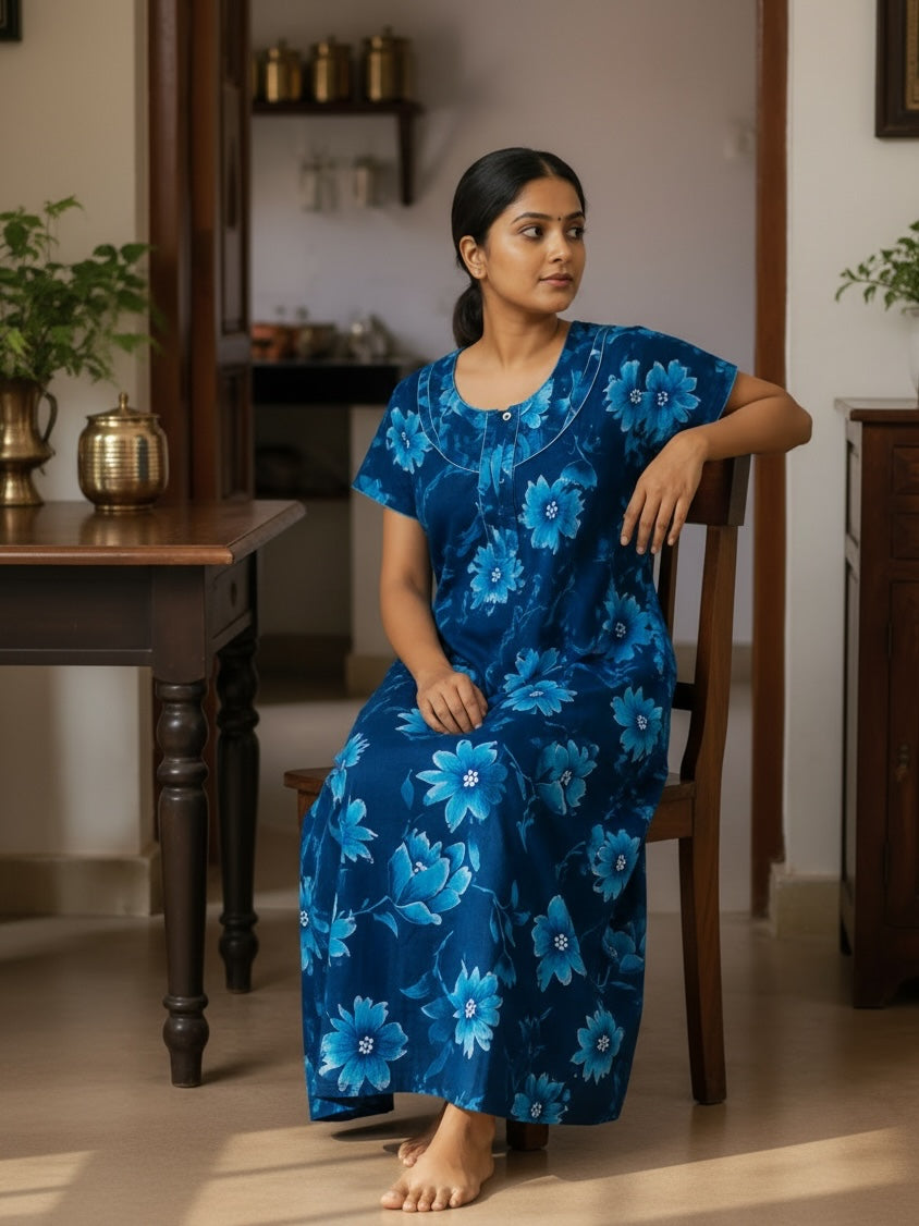 Kishona floral print cotton maxi nighty in deep blue with light blue flowers, round neck, and button-down placket.
