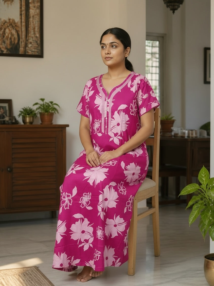Kishona magenta cotton nightgown with pink floral print, V-neckline, and short sleeves worn by a woman on a chair.