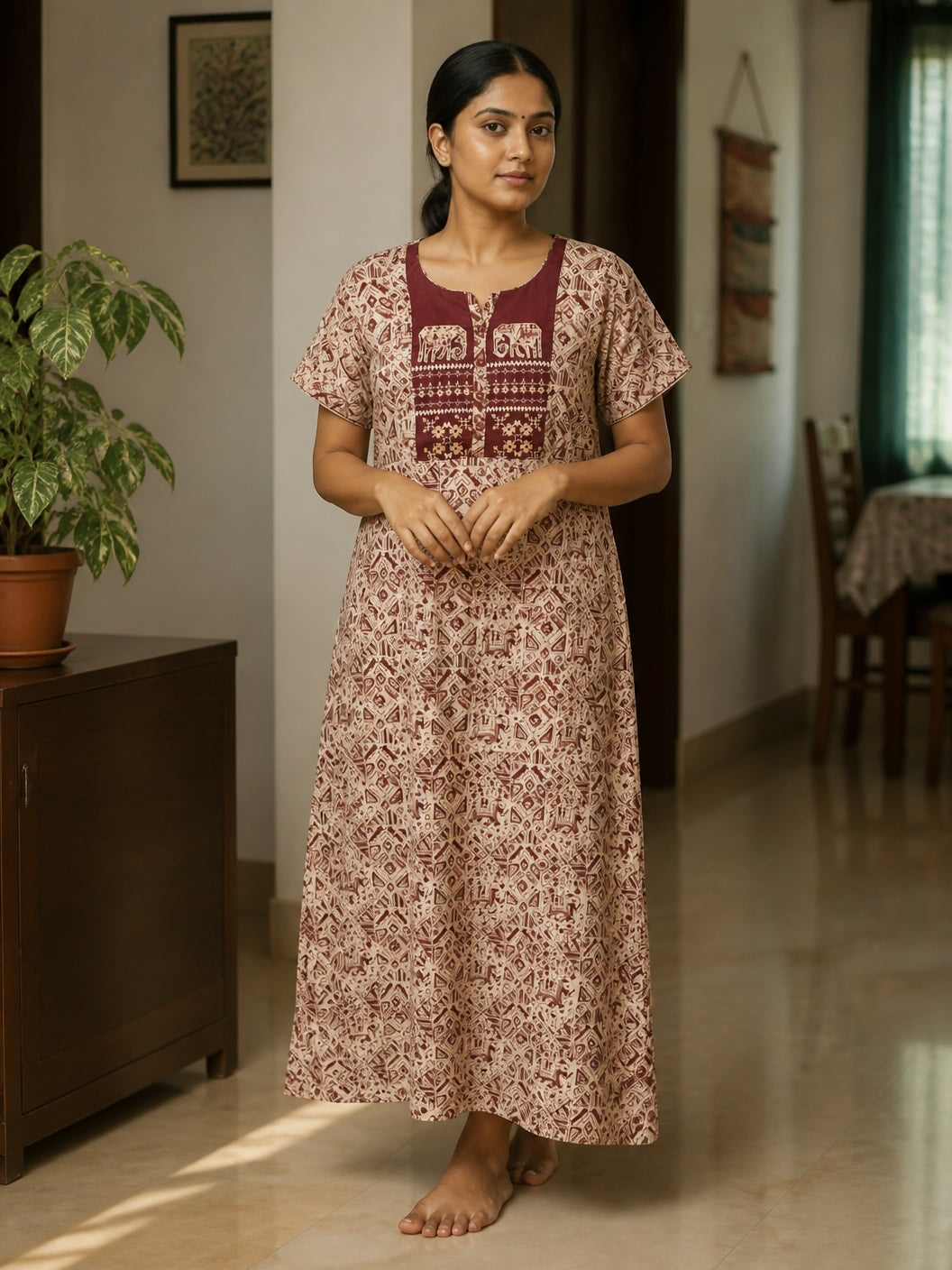 Kishona maroon and beige cotton nightgown with geometric print, elephant motif yoke, and short sleeves.