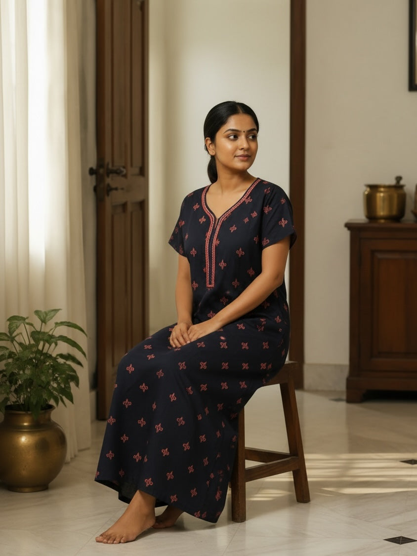 Kishona navy blue cotton nightdress with pink floral motifs and embroidered neckline worn by a woman sitting on stool