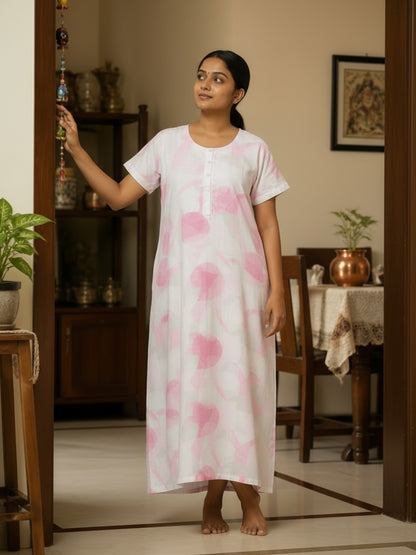 Kishona women's white cotton nightgown with pink circular patterns, featuring a round neck and button-down placket.