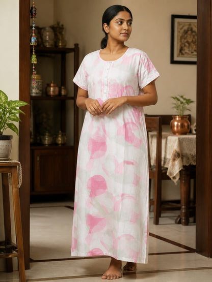 Kishona women's white cotton nightgown with pink circular patterns, round neck, and button-down placket.