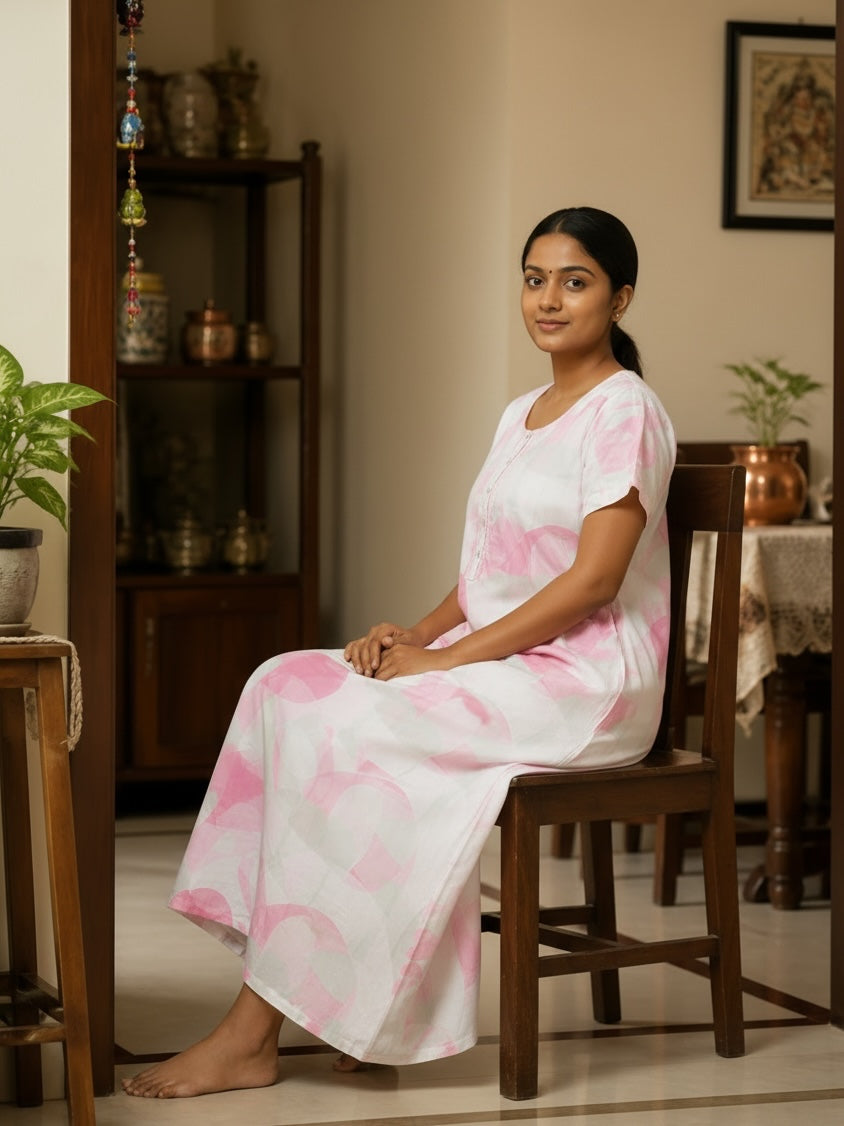 Kishona women's white cotton nightgown with pink circular patterns, round neck, and short sleeves, worn by a seated model.